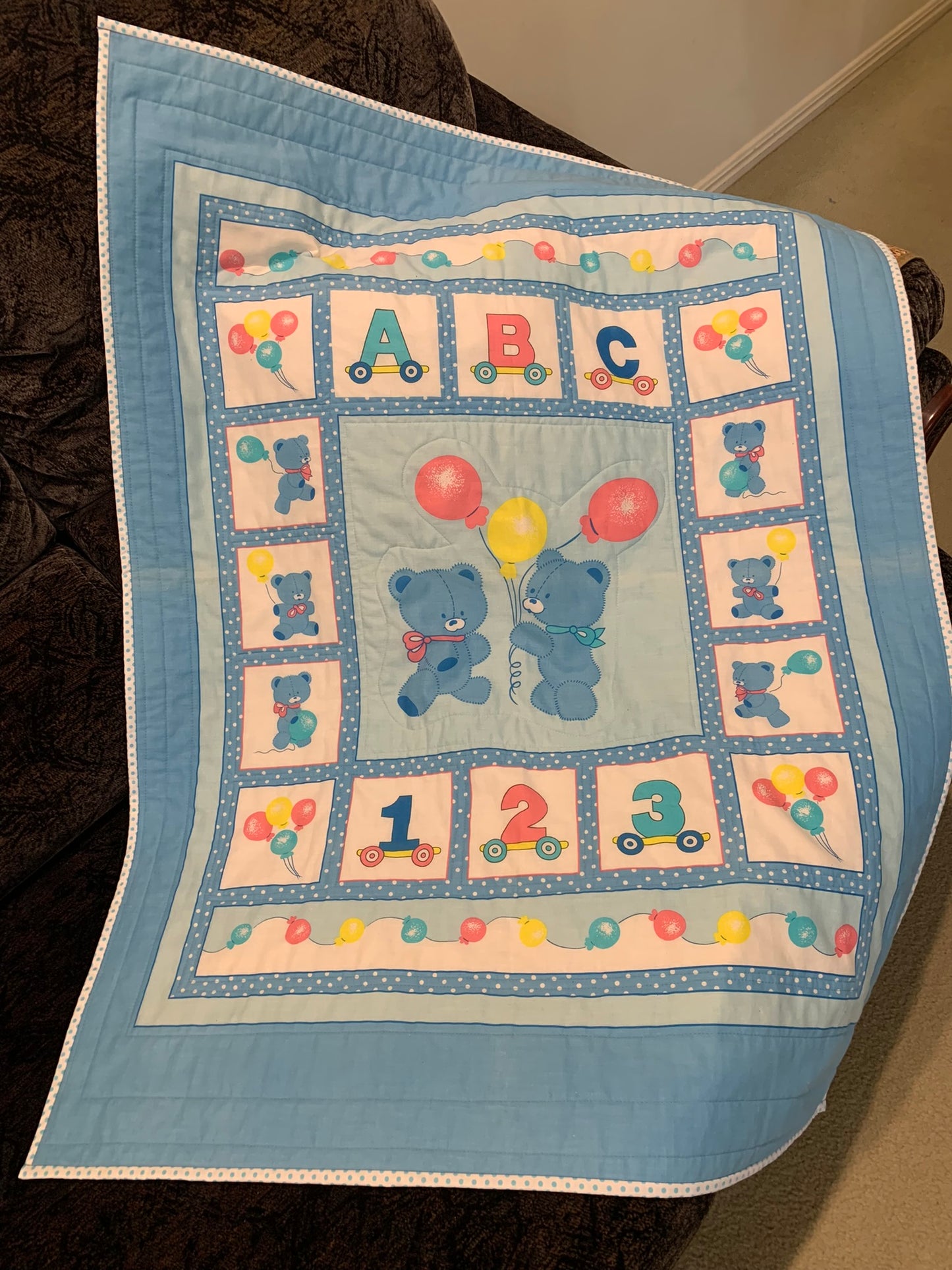 Small Vintage Panel Quilt - Light Blue Squares & Teddies